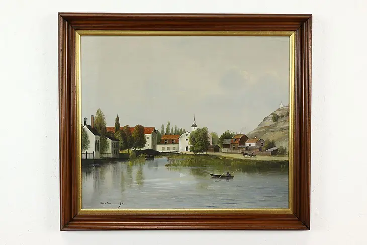 Fisherman & European Village Antique Original Oil Painting 28.5" #40446