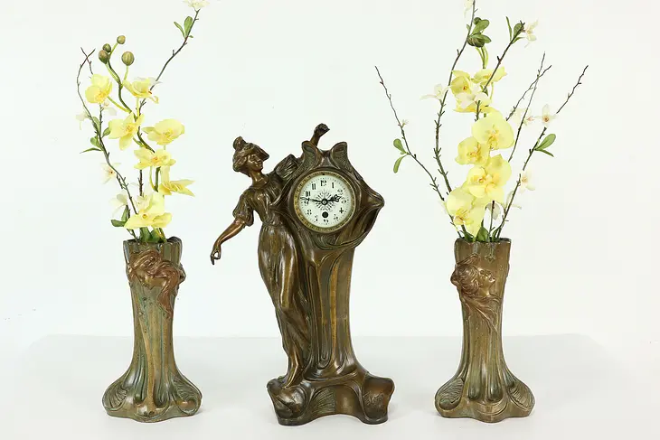 Art Nouveau Antique French 3 Pc Figural Sculpture Mantel Clock Set, Flora #38725
