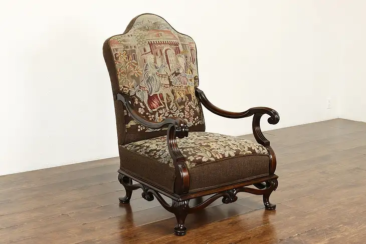 Renaissance Carved Antique Chair Worn Needlepoint Petit Point Upholstery #41047