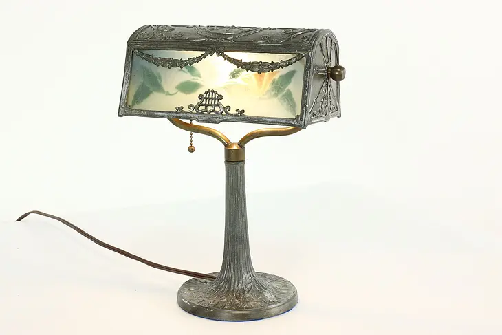 Art Nouveau Antique Reverse Painted Glass Shade Desk or Piano Lamp #40651