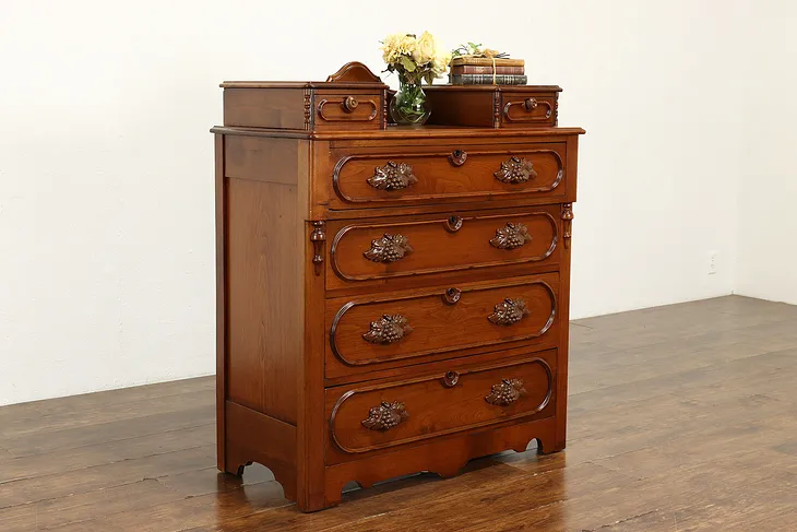 Victorian Antique Carved Walnut Chest or Dresser, Grape Drawer Pulls #38323