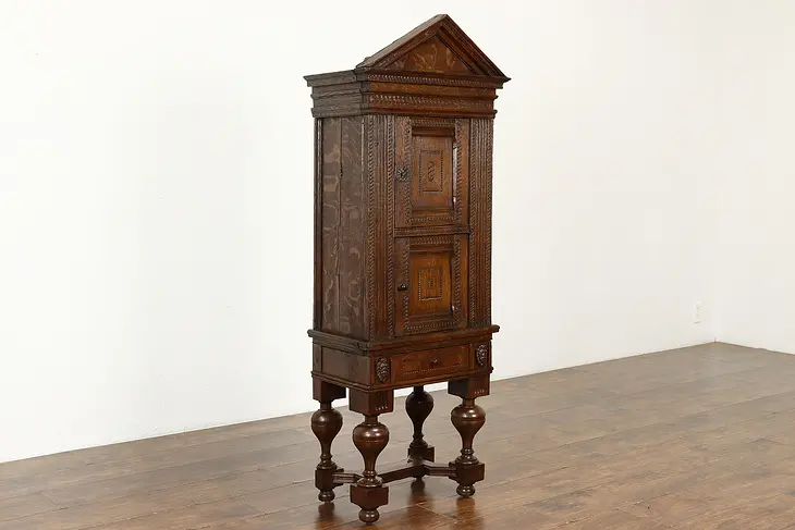 Dutch Carved Oak Antique 1700s Tobacco Cabinet or Kitchen Pantry Cupboard #40265