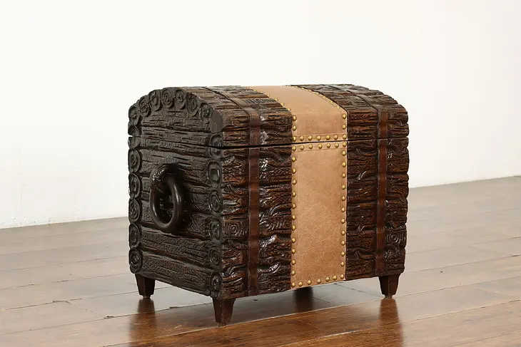 Swiss Carved Pine Antique Dowry Chest or Trunk, Leather & Brass Nailheads #40219
