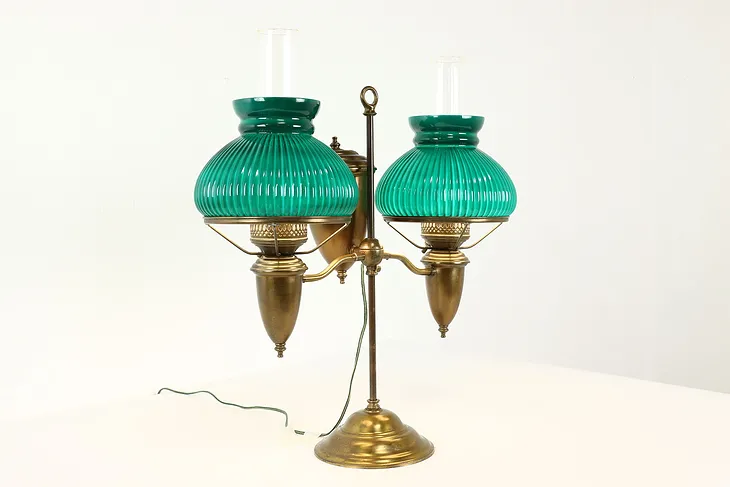 Victorian Antique Brass Double Student Desk Lamp, Emerald Shades #40645