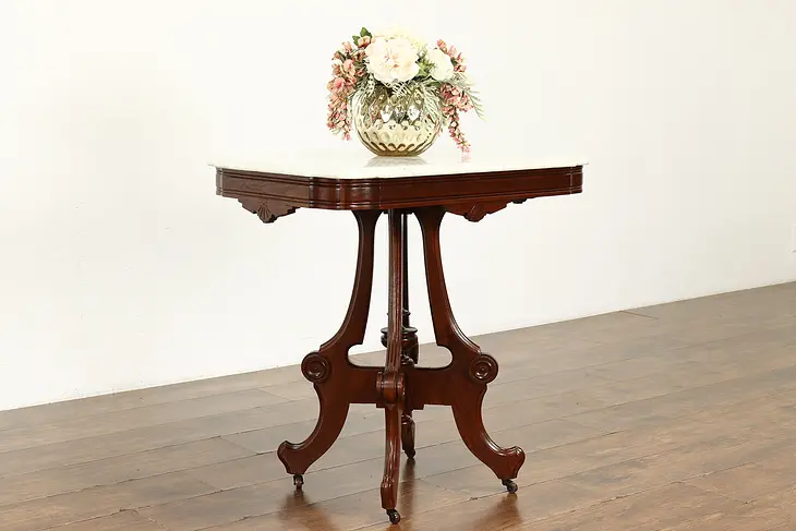 Victorian Eastlake Antique Walnut Parlor or Lamp Table, Marble Top #39538