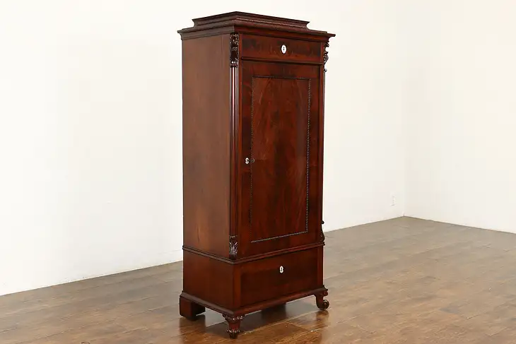 Empire Biedermeier Antique Carved Flame Mahogany Bar Bath Jewelry Cabinet #40742