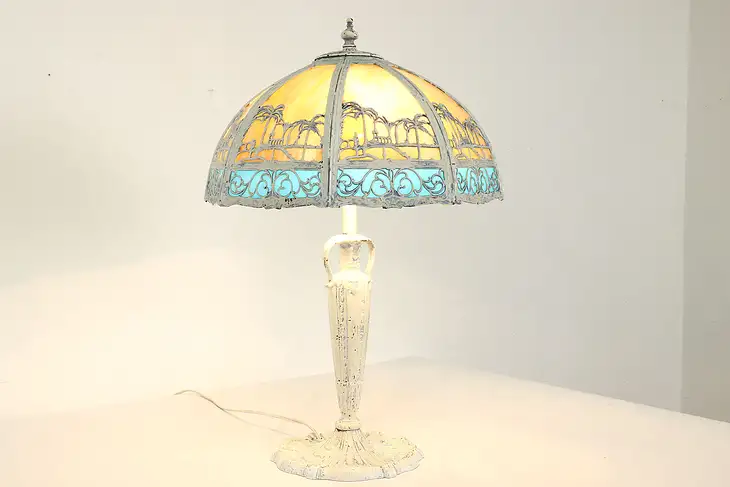 Stained Glass Curved 8 Panel Church & Palm Tree Shade Antique Lamp #40213