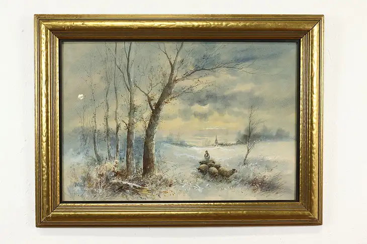 Shepherd Winter Scene Antique Original Watercolor Painting Bemish 36" #40746