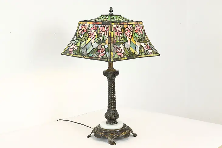 Stained Glass Hand Leaded Shade Vintage Office or Library Lamp, Onyx Base #41064