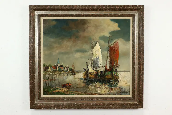 Sailboats in Harbor Cove Antique Original Oil Painting 41" Heirer #40834