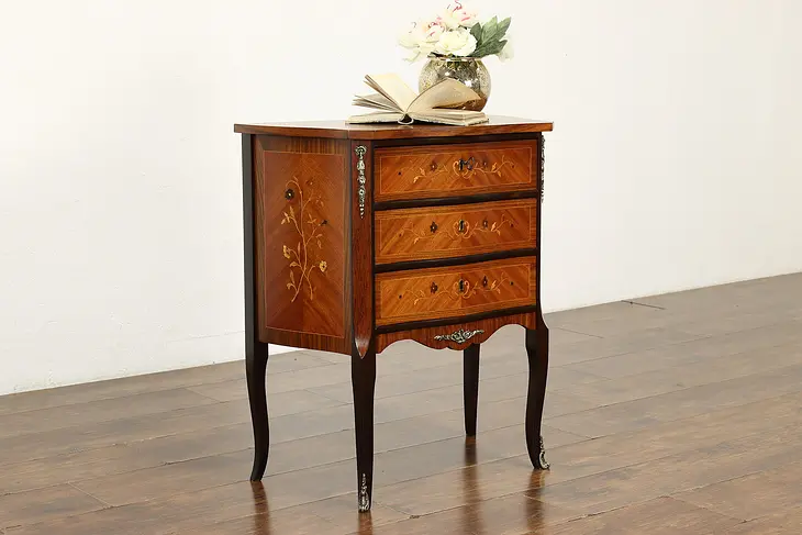 Scandinavian Vintage Satinwood Marquetry Chest, Nightstand, Lamp Table #40740