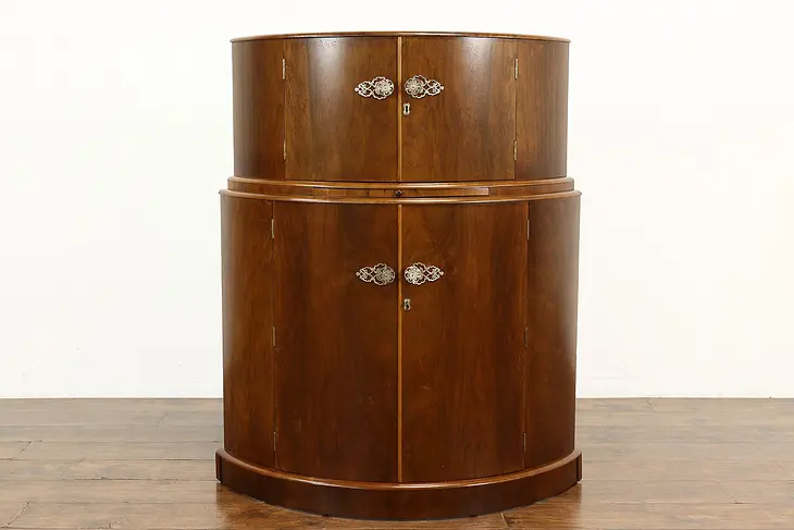 Art Deco English Vintage Demilune Lighted Bar Cabinet, Bakelite Pulls #40260