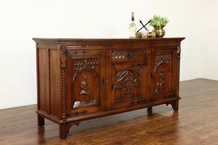 Gothic Oak Antique Sideboard, Buffet, Bar or TV Console, Carved Knights #40222
