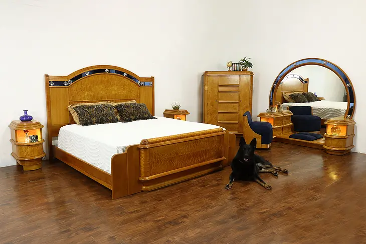 Art Deco Ocean Liner Vintage Bedroom Set King Size Bed Blue Glass #40345