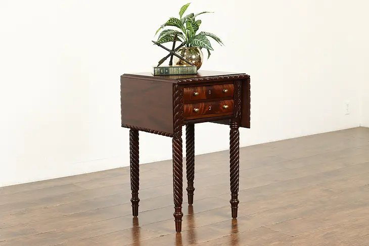 Empire Antique Carved Mahogany Drop Leaf Lamp or End Table, Nightstand #40292
