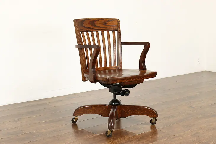 Oak Vintage Adjustable Swivel Office or Library Desk Chair #39469