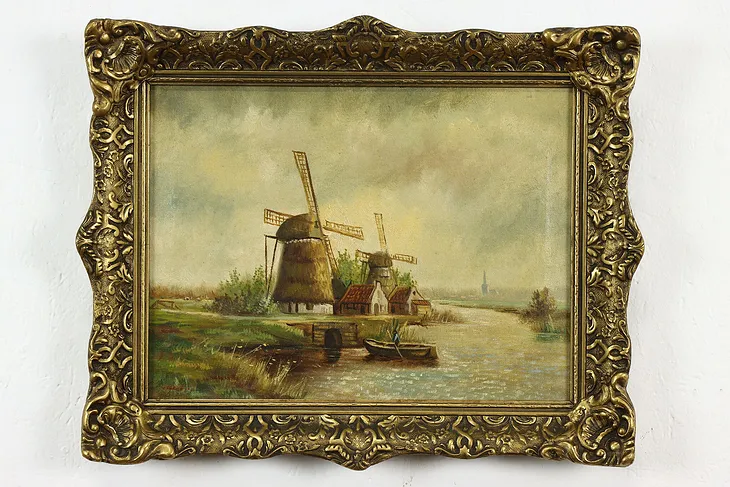 Windmills on a Canal Original Antique Dutch Oil Painting 19.5" #41057