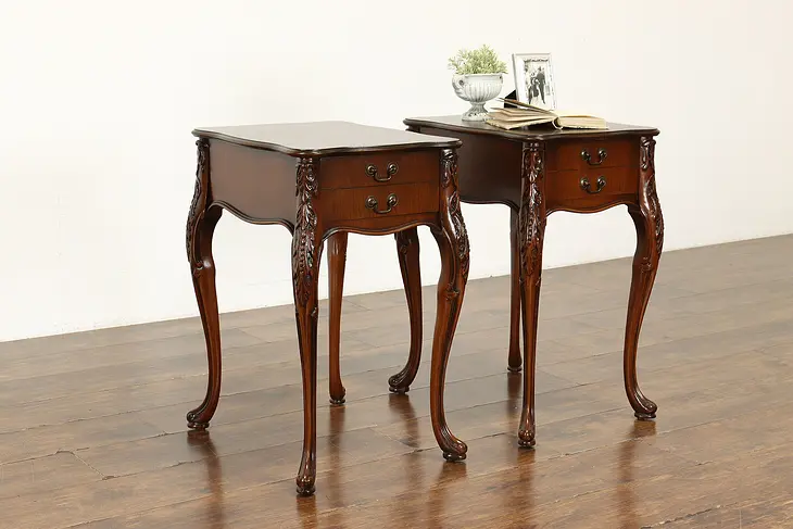 Pair of Traditional Carved Walnut Vintage Nightstands, End or Lamp Tables #41030