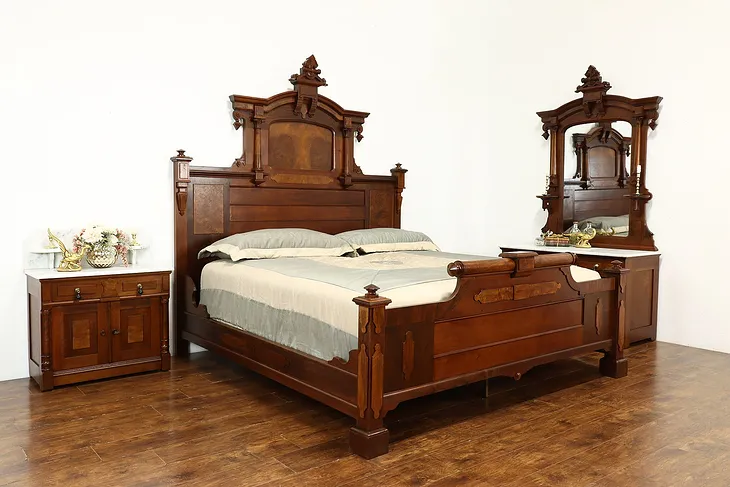 Victorian Renaissance Antique Walnut & Marble 3 Pc Bedroom Set, King Size #38282