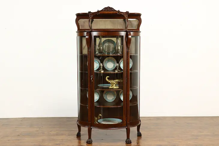 Victorian Antique Oak Curved Glass Curio, China Display Cabinet, Paw Feet #39514