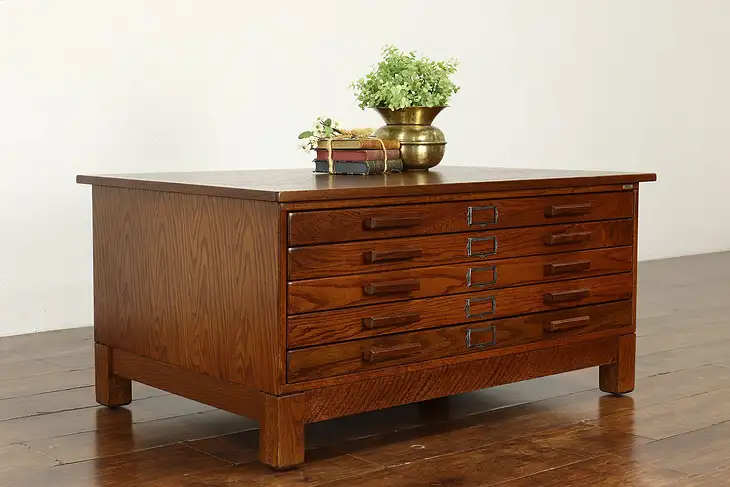 Oak Vintage 5 Drawer File Industrial Map or Collector Chest Coffee Table #40594