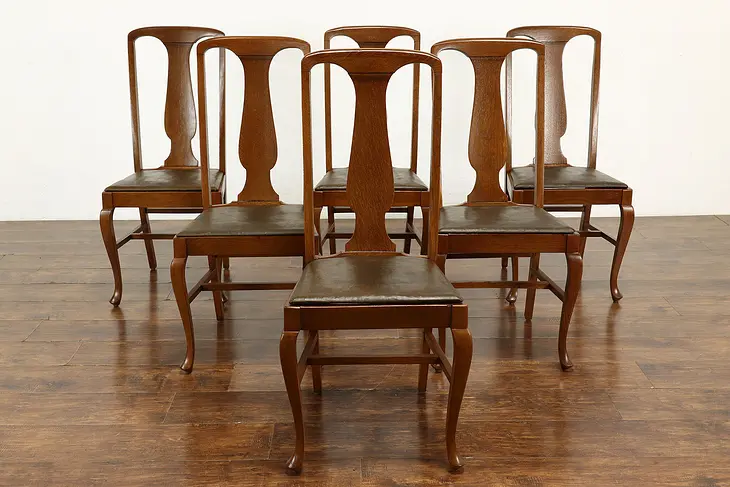 Set of 6 Antique Carved Oak Dining Chairs, Original Leather Seats #41130