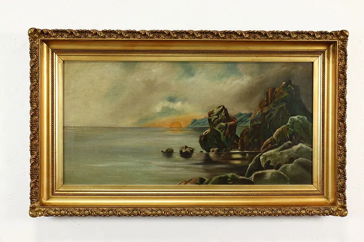 Rocky Shore at Sunset Antique Original Oil Painting, Potthast 44.5" #41196