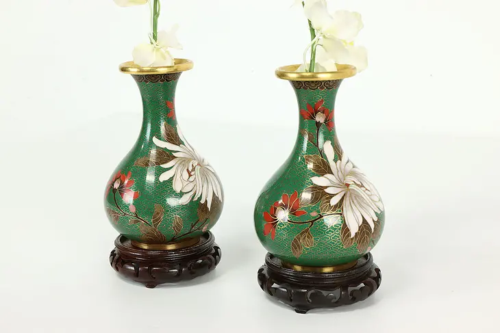 Pair of Vintage Traditional Chinese Cloisonne Enamel Vases, Teak Bases #41211