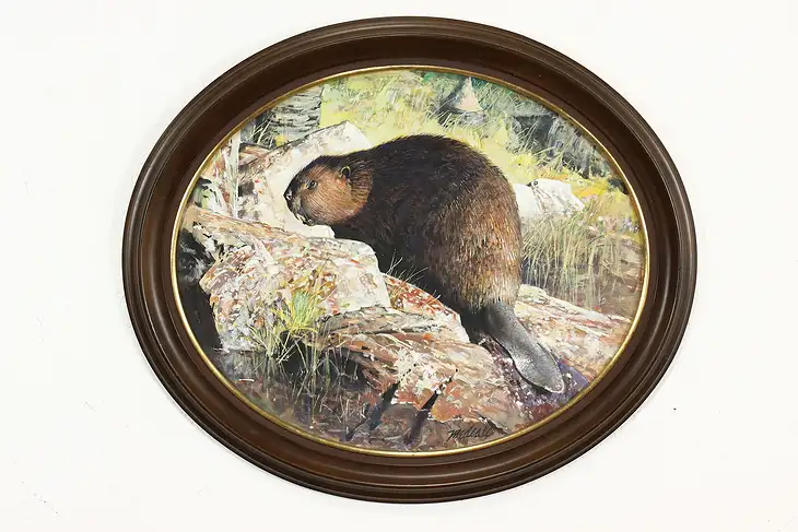 Beaver Among Rocks Vintage Original Acrylic Painting, Medcalf 26" #41149