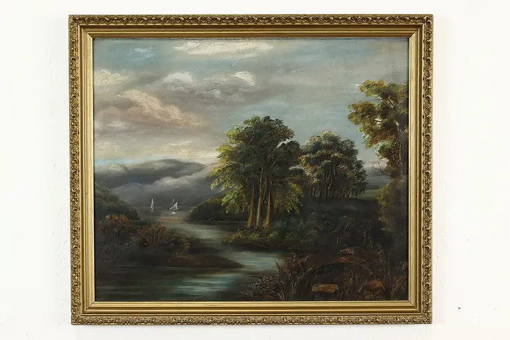 Forest & Sailboats Antique Original Oil Painting 21" #40778