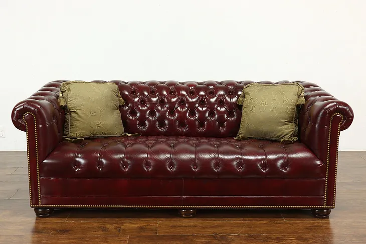 Chesterfield Tufted Leather Vintage Burgundy Sofa, Hancock & Moore #41293