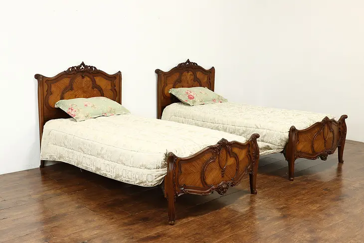 Pair of French Style Antique Carved Walnut & Satinwood Twin Beds #40289