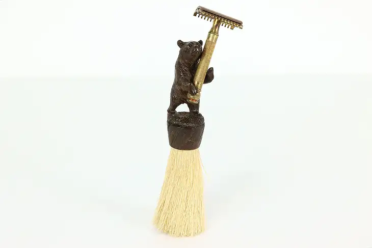 Black Forest Antique Shaving Brush Hand Carved Bear Handle  #38173