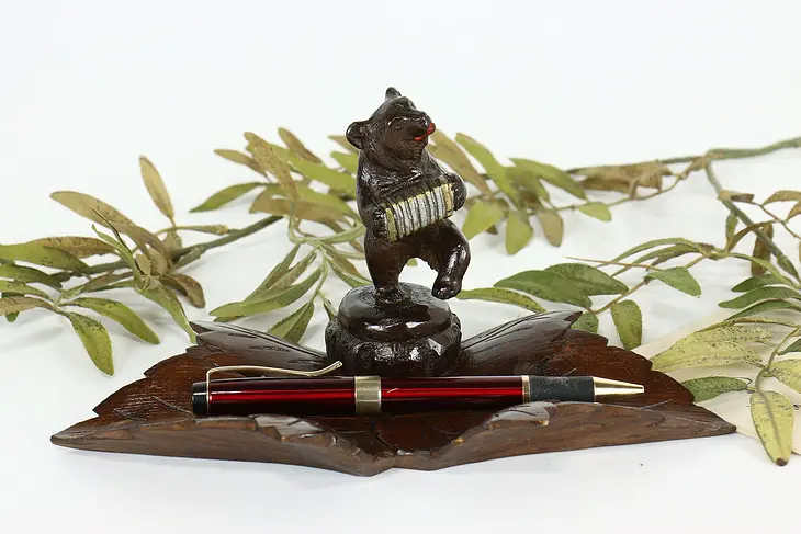 Black Forest Antique  Pen or Jewelry Tray Carved Bear Playing Accordion #40937