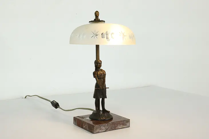 Bronze Cowherd Girl Antique Lamp, Marble Base, Frosted Cut Glass Shade #41144