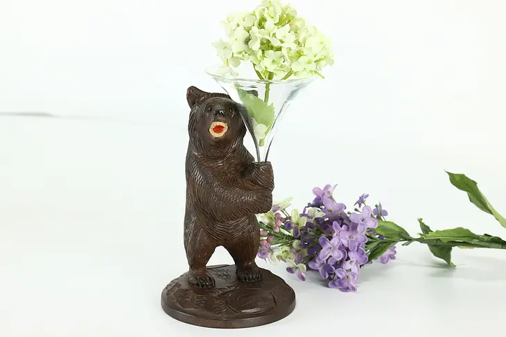 Black Forest Antique Carved Bear Sculpture with Glass Bud Vase #37840