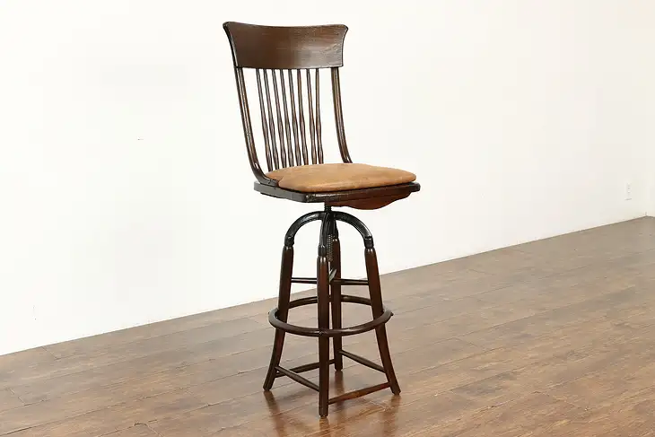 Industrial Elm & Iron Antique Farmhouse Drafting, Architect Swivel Stool #41225