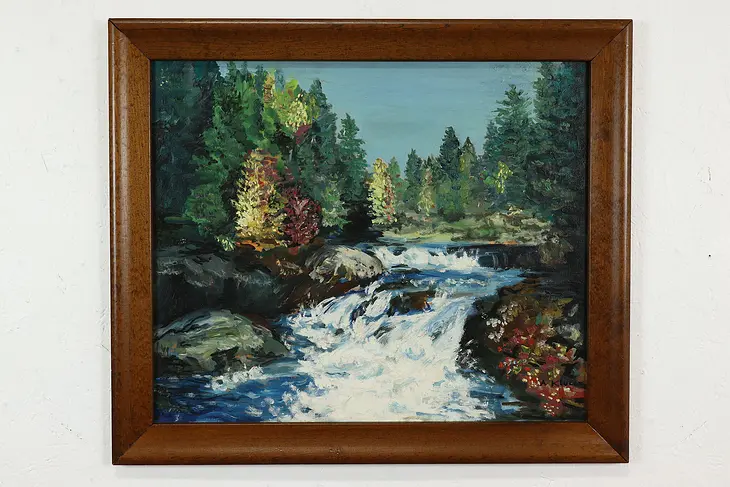 Summer Forest with White Rapids Vintage Original Oil Painting, Klucas 28" #41260