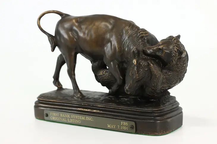 Wall Street Vintage Bull & Bear Stock Market Sculpture, Bronze Finish  #41006