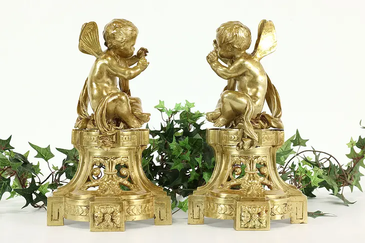 Pair of Bronze Antique Cupid or Cherub Statues French Fireplace Salvage #40777