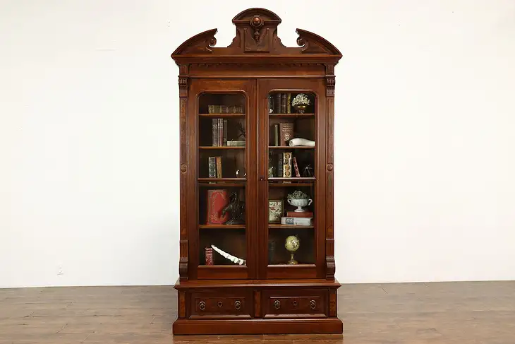 Victorian Antique Walnut & Burl Office or Library Bookcase, Wavy Glass #41298