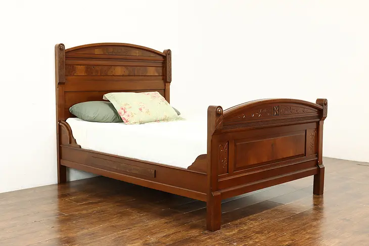 Victorian Eastlake Carved Walnut & Burl Full Size Bed, Spoon Carving #39504