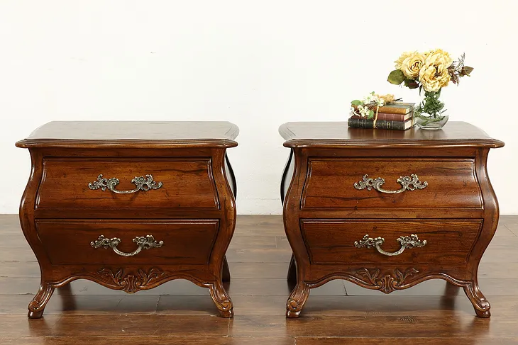 Pair of Bombe Country French Carved Chests, Nightstands or Lamp Tables #40808