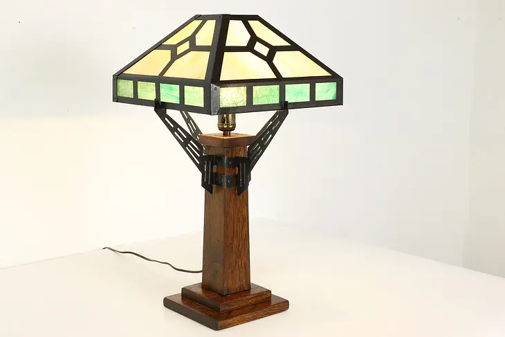 Arts & Crafts Mission Oak Antique Stained Glass Shade Office Desk Lamp #41232