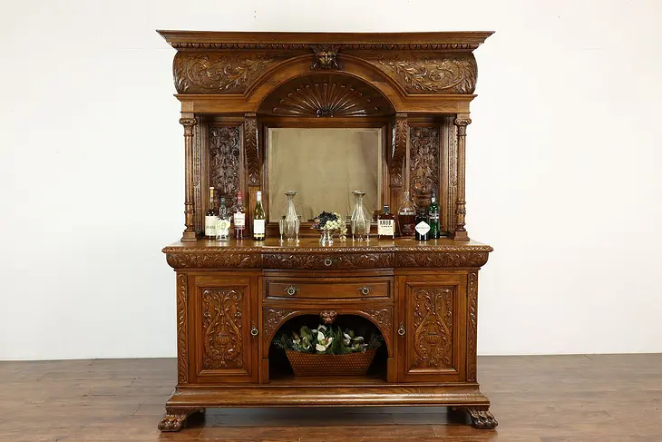 Renaissance Hand Carved Antique Oak Back Bar, China Cabinet, Sideboard #40483