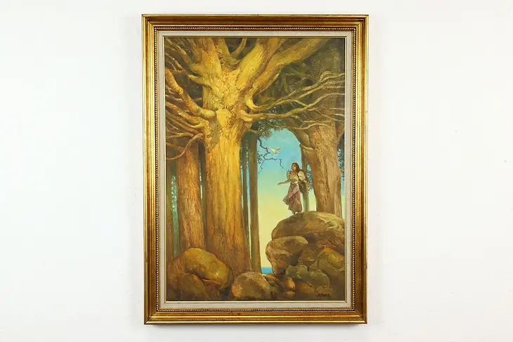 Scene with Tree, Woman & Dove Vintage Original Oil Painting, Ader 37" #41336