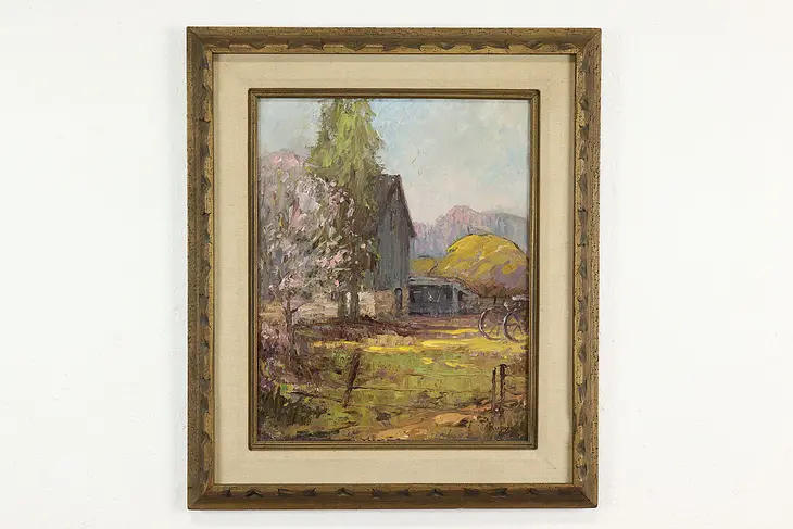 Farmyard & Mountain Scene Original Vintage Oil Painting, Ruby 27.5" #40909