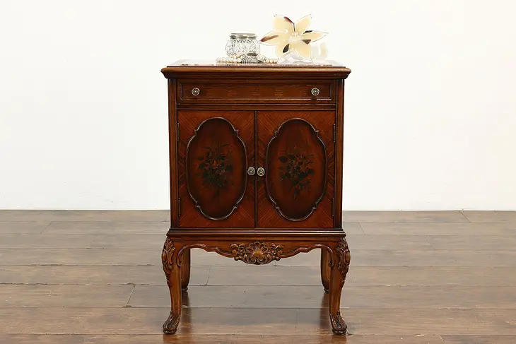 French Style Antique Marquetry Nightstand, End or Lamp Table, Marble Top #41053