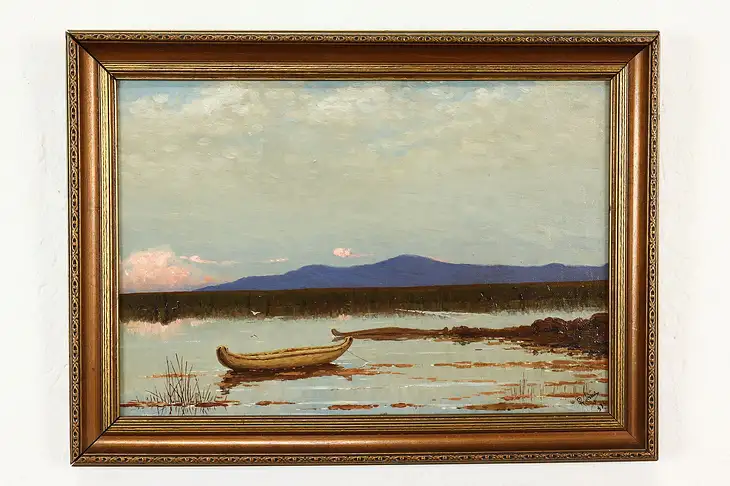 Lake with Canoe & Mountains Original Vintage Oil Painting Rubina 18"  #41397