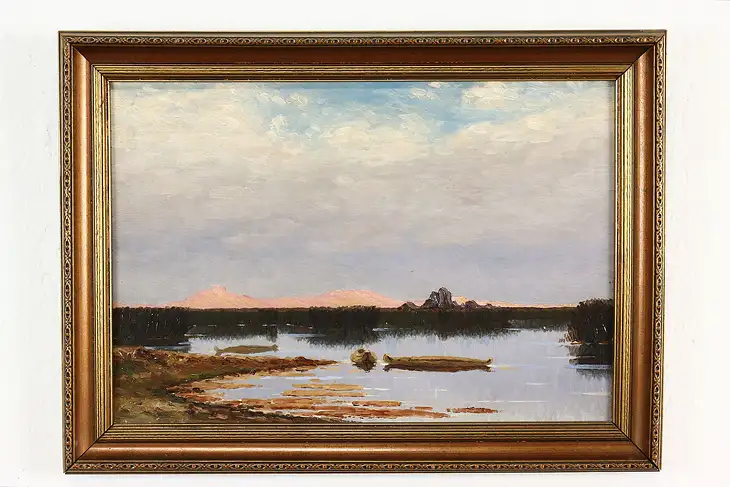 Lake with Canoes & Mountains Original Vintage Oil Painting 18" #40997